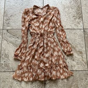 Blu Pepper Coral Orange Floral Spring Flare Long Sleeve Dress